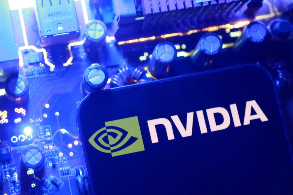 Illustration of the Nvidia logo on a screen with a computer circuit board in the background.