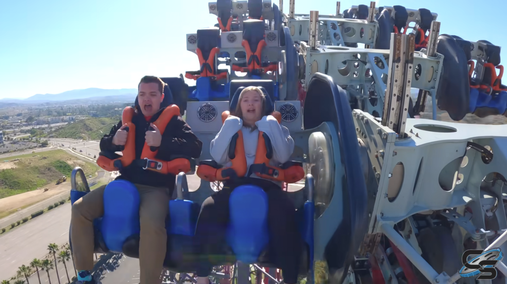 People riding the X2 roller coaster at Six Flags Magic Mountain.