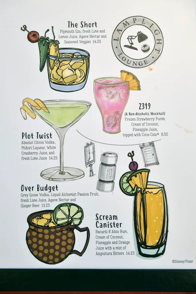 Illustration of a drink menu from Lamplight Lounge with several drinks, prices, and ingredients listed.