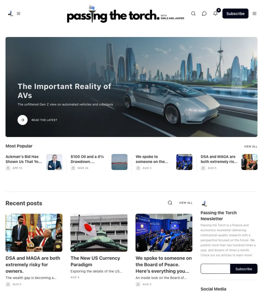 Illustration of a futuristic self-driving car on a highway with a cityscape in the background, promoting "The Important Reality of AVs" on the "Passing the Torch" website.