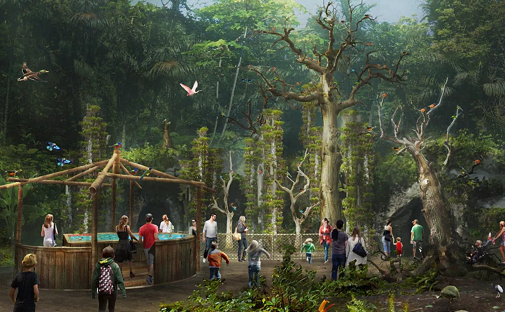 Illustration of a Kids Paradise Play Area with people walking around play elements like balance logs and climbing vines in a rainforest setting.