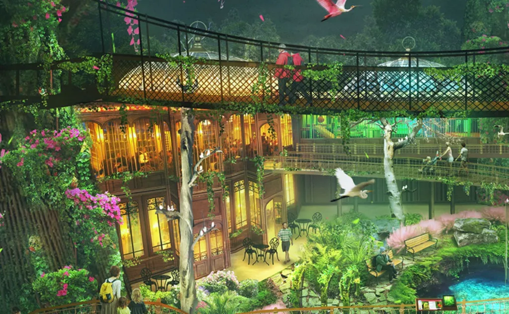 Illustration of Roost, a restaurant resembling an ornate Victorian birdcage, with guests watching free-flying birds from multiple levels.