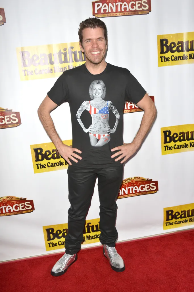 Perez Hilton smiling at the opening night of "Beautiful - The Carole King Musical."