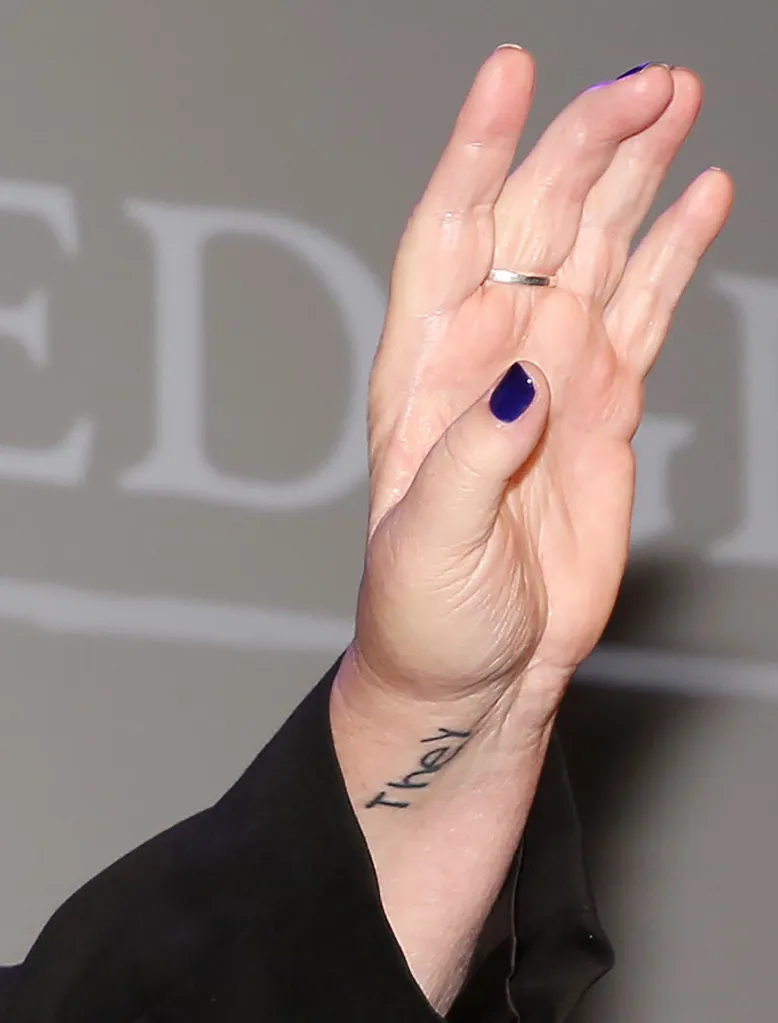 A person's wrist with the word 