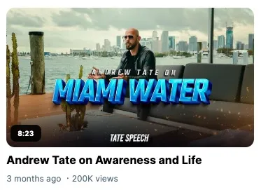 Andrew Tate sits on an outdoor sofa with a Miami skyline and water in the background, with "ANDREW TATE ON MIAMI WATER" text overlay.