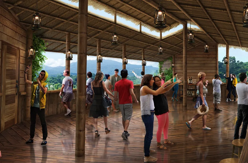 Illustration of people inside a rustic treehouse with a leafy green environment created by theatrical walls and digital displays.