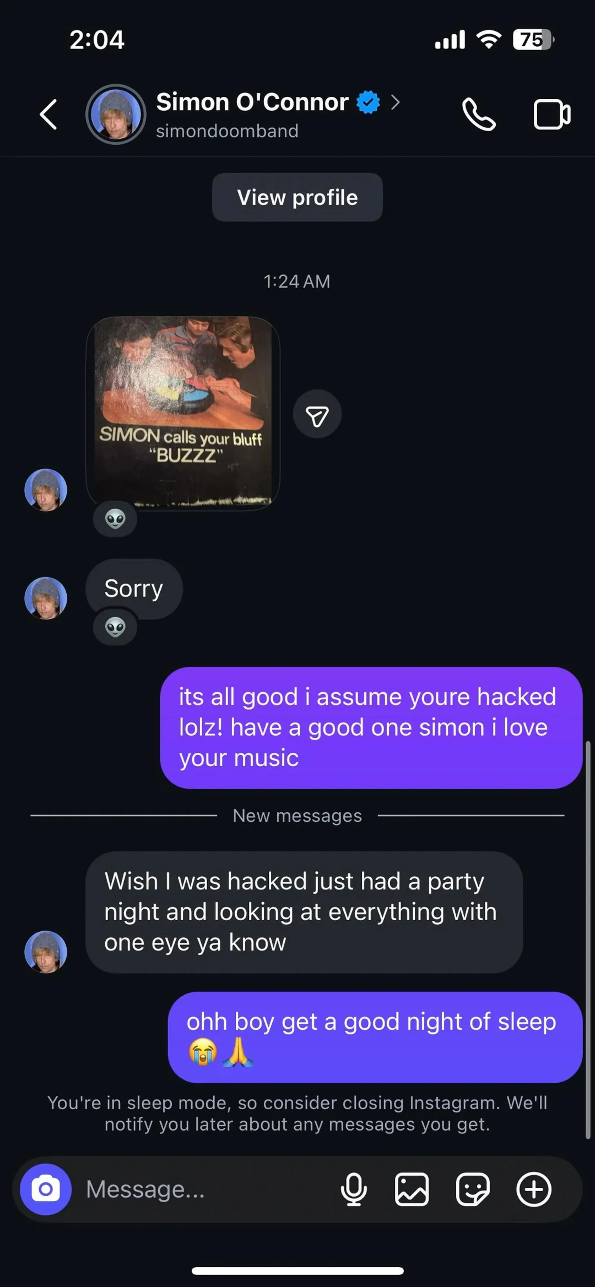 A screenshot of an Instagram chat between a fan and Simon O'Connor of Modest Mouse, where O'Connor claims he was not hacked, but instead had a party night.