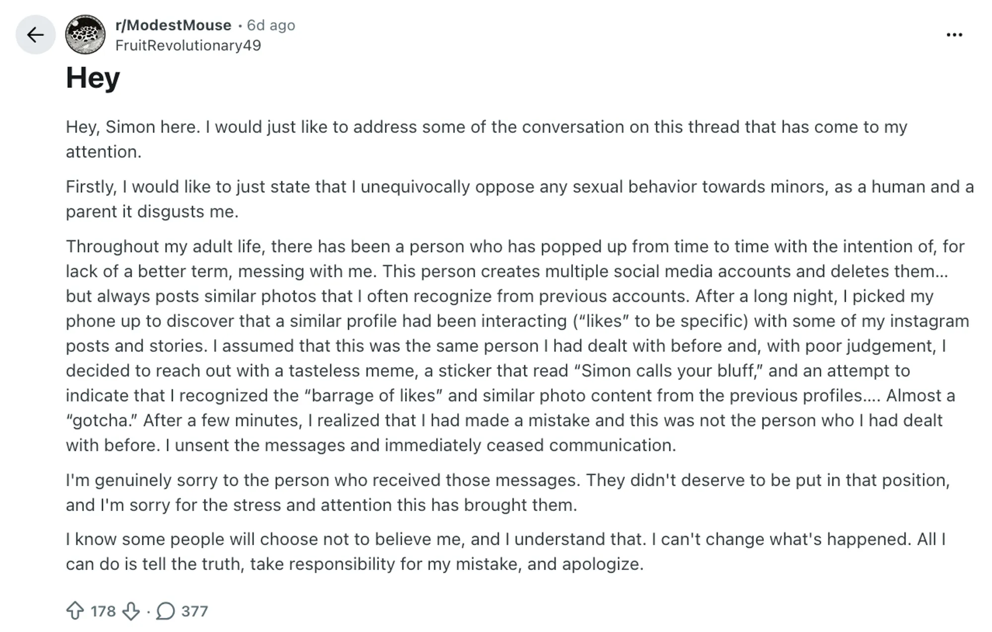 A Reddit post titled "Hey" from the user FruitRevolutionary49.