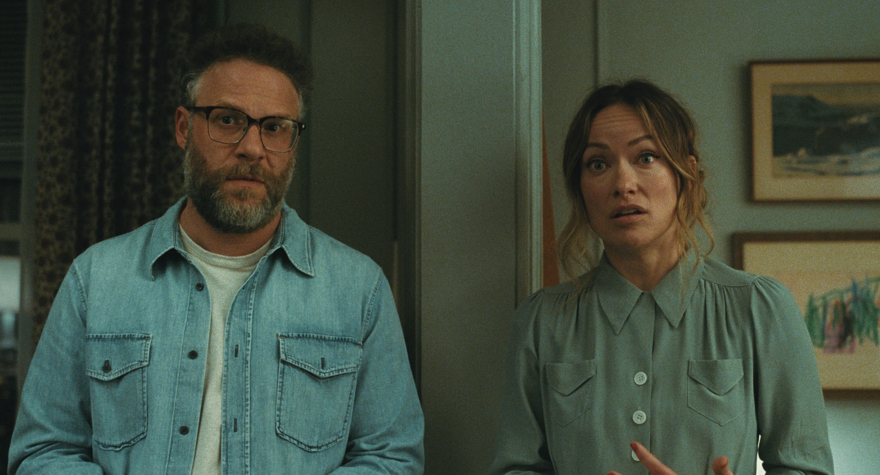 THE INVITE, from left: Seth Rogen, Olivia Wilde, 2026. © A24 /Courtesy Evereett Collection