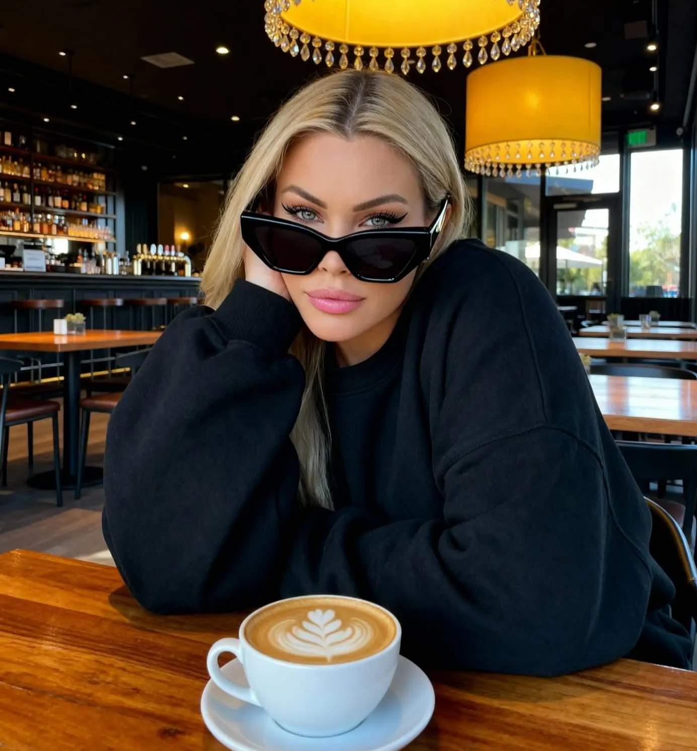 A blonde woman in black sunglasses and a black sweatshirt sits at a cafe table with a latte.