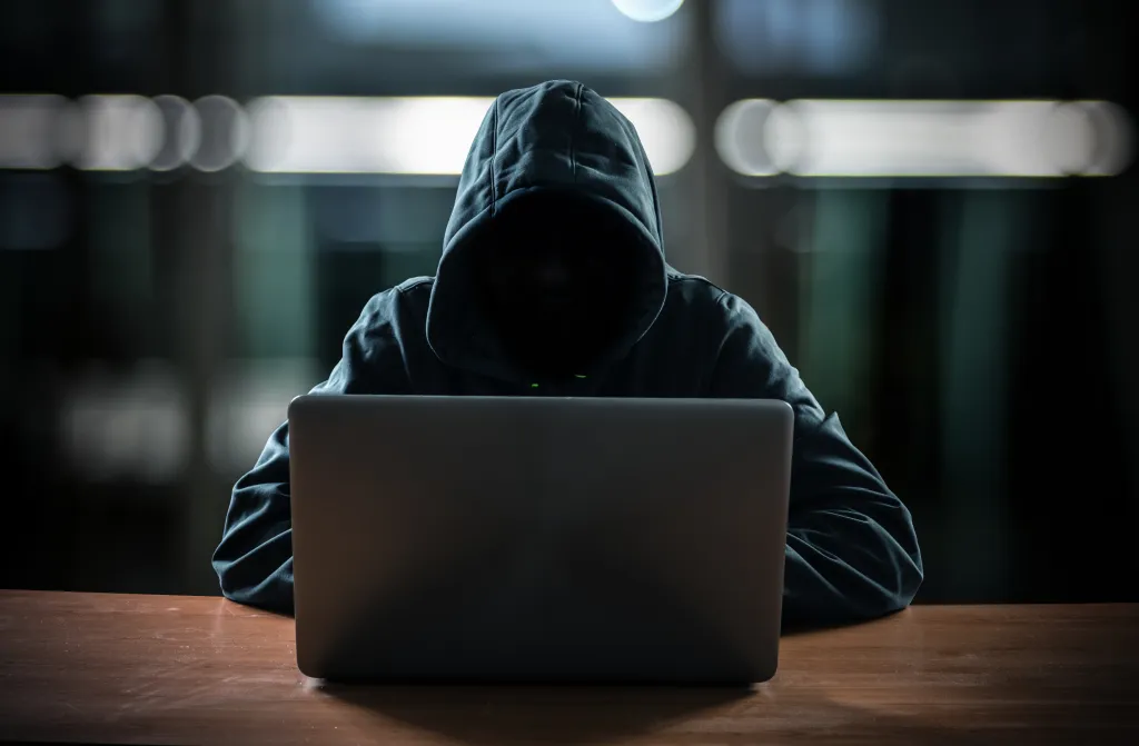A person in a dark hoodie sits in front of a laptop, their face obscured by shadow.