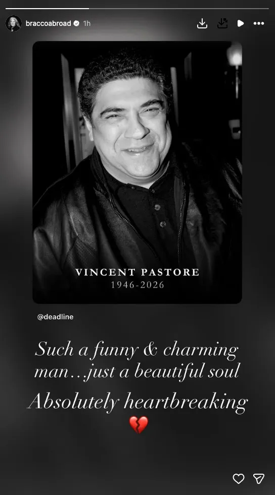 Black and white photo of Vincent Pastore, with text "VINCENT PASTORE 1946-2026" and a mourning message.