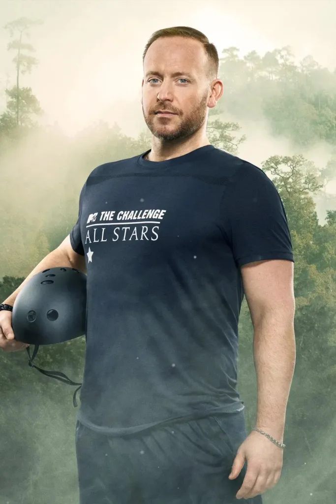 Tyler Duckworth in a "The Challenge All Stars" T-shirt, holding a helmet