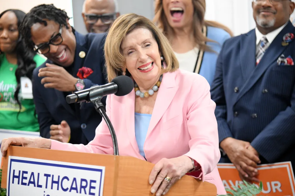 Nancy Pelosi speaks at a healthcare rally hosted by Wesley Bell and Affinia Healthcare.