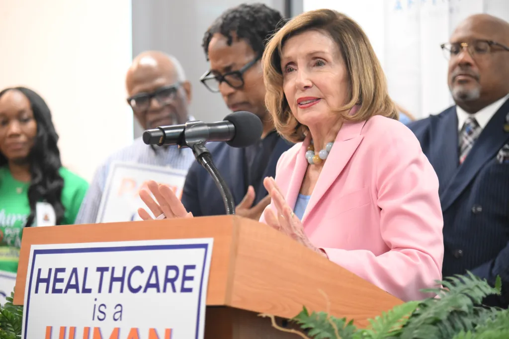 U.S. Rep. Nancy Pelosi speaking at a healthcare rally in Ferguson, Missouri.
