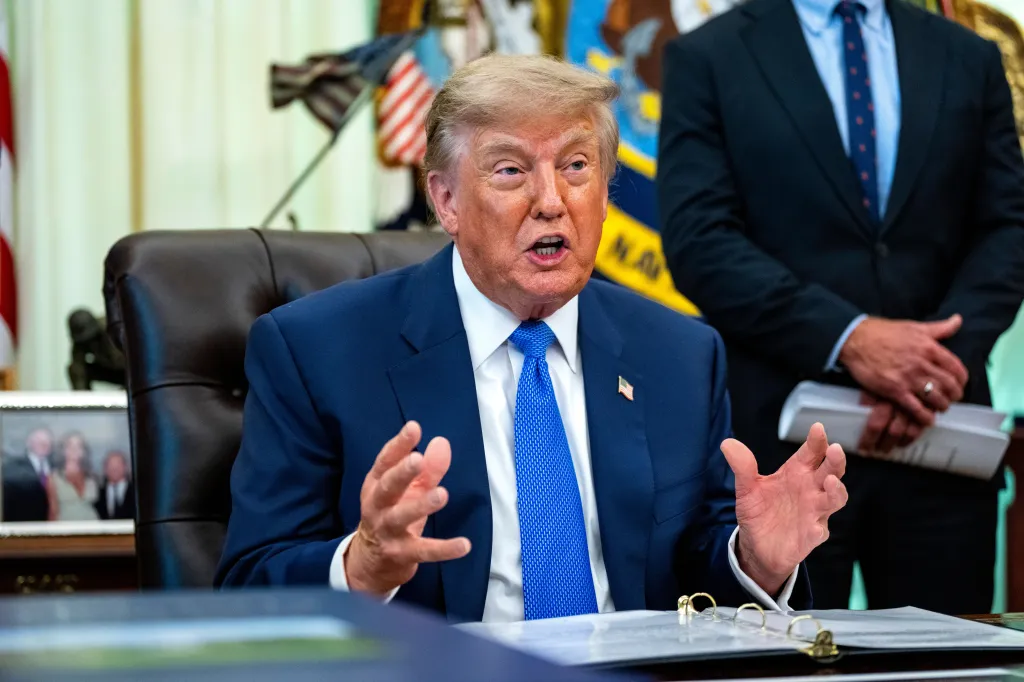 Donald J. Trump speaking in the Oval Office about an executive order on childhood vaccines.