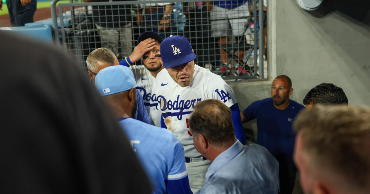 Dodgers’ Freddie Freeman appears to avoid serious injury in fall down dugout steps