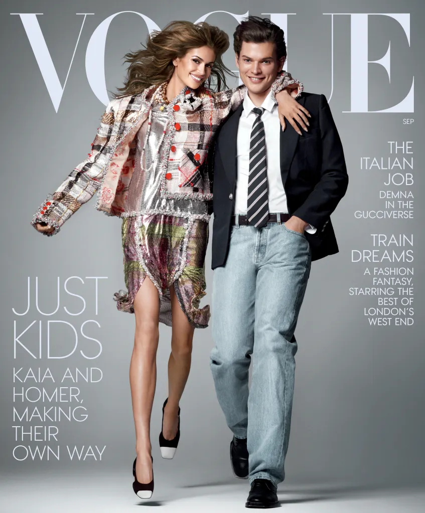 Vogue September cover featuring Kaia Gerber and Homer Gere with text about "Just Kids" and "Train Dreams".