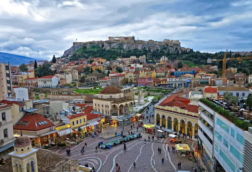 Aerial view of the Acropolis and the Monastiraki quarter in Athens.