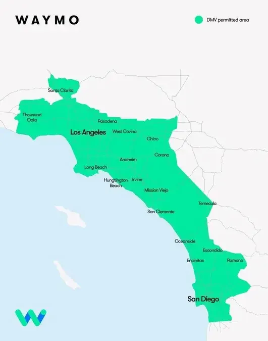 Map showing Waymo's DMV permitted area in California, highlighting regions like Los Angeles and San Diego in green.