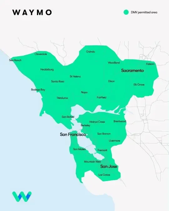 Illustration of Waymo's DMV permitted area across California, including cities like Sacramento, San Francisco, and San Jose.