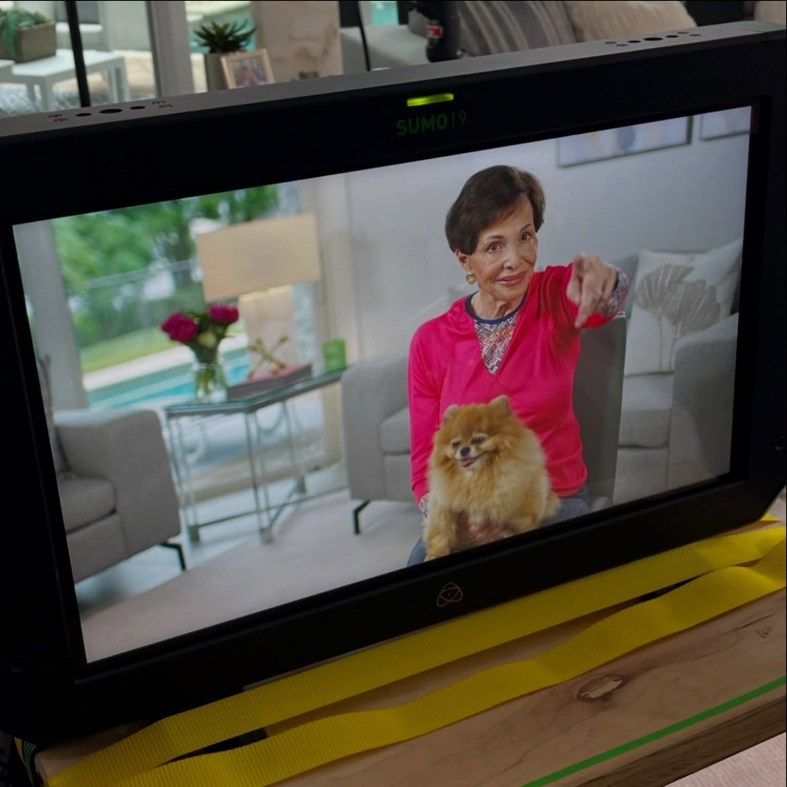 Jill Zarin's mom Gloria with a Pomeranian on a monitor.
