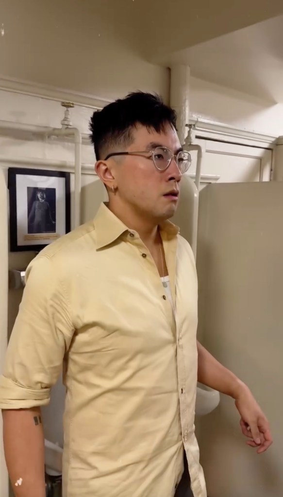 Bowen Yang in "Oh Mary" with a concerned expression.