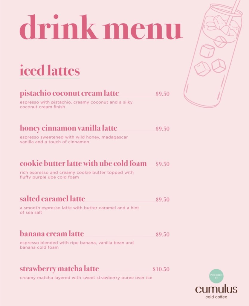 Illustration of a Supermodel Cafe drink menu with prices for iced lattes.