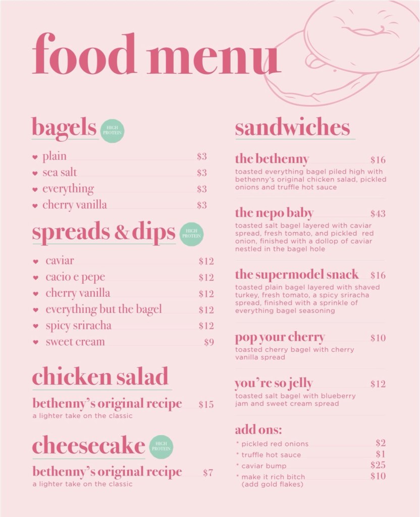 Illustration of a pink and white menu for Supermodel Cafe, featuring bagels, spreads, sandwiches, chicken salad, cheesecake, and add-ons.