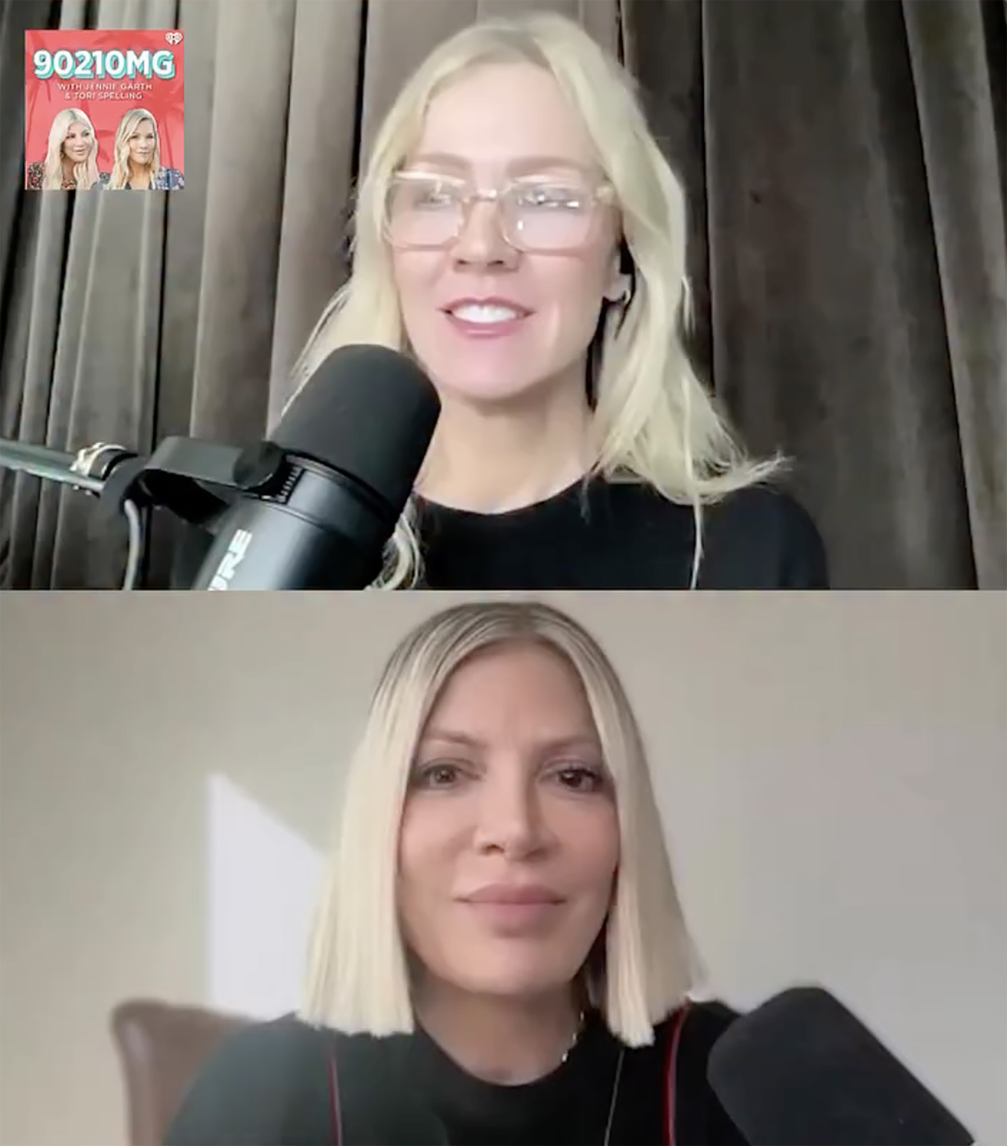 A collage of Jennie Garth with glasses and Tori Spelling with a short bob haircut, speaking into microphones.