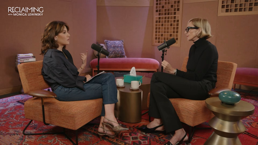 Monica Lewinsky and Allison Janney conversing on "Reclaiming with Monica Lewinsky" podcast.