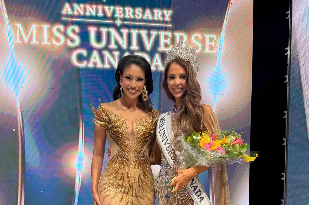 Two contestants from the Miss Universe Canada pageant pose together, one wearing a golden dress and the other a crown and a "Miss Universe Canada" sash while holding a bouquet of flowers.
